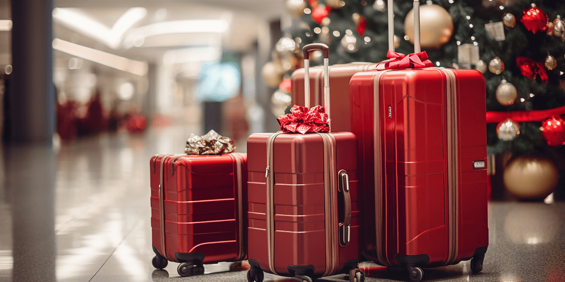 Luggage in airport surrounded by holiday decorations showing that they are traveling during the holidays