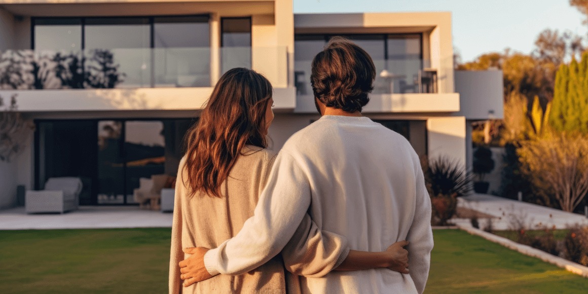 Young couple standing outside of their new home